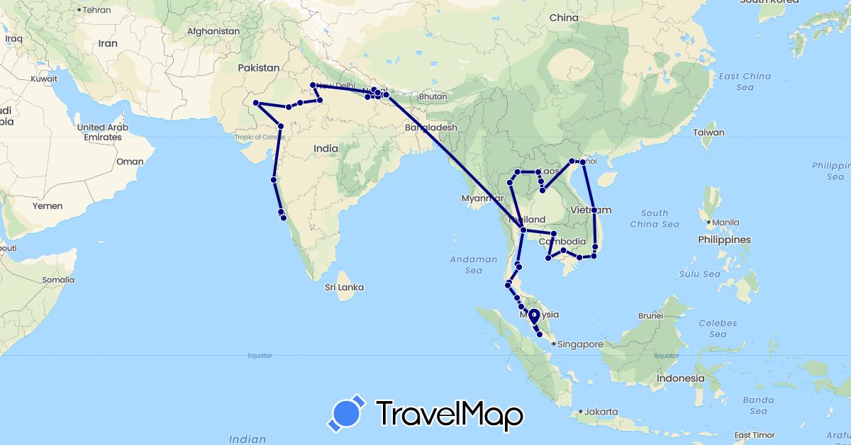 TravelMap itinerary: driving in India, Cambodia, Laos, Malaysia, Nepal, Thailand, Vietnam (Asia)