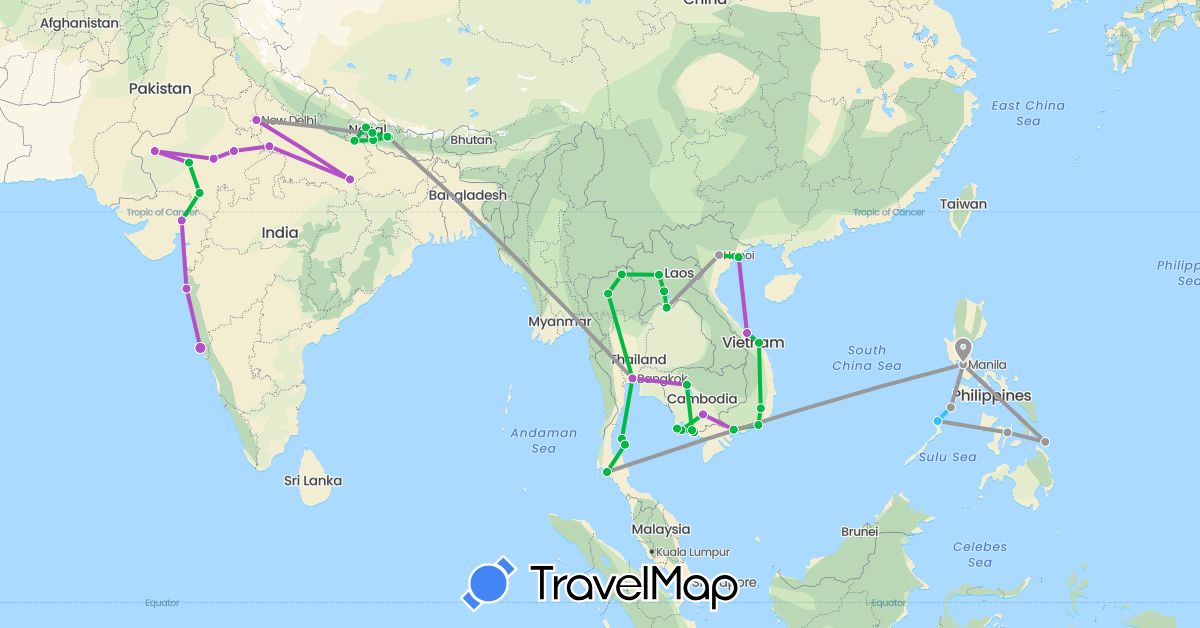 TravelMap itinerary: driving, bus, plane, train, boat in India, Cambodia, Laos, Nepal, Philippines, Thailand, Vietnam (Asia)