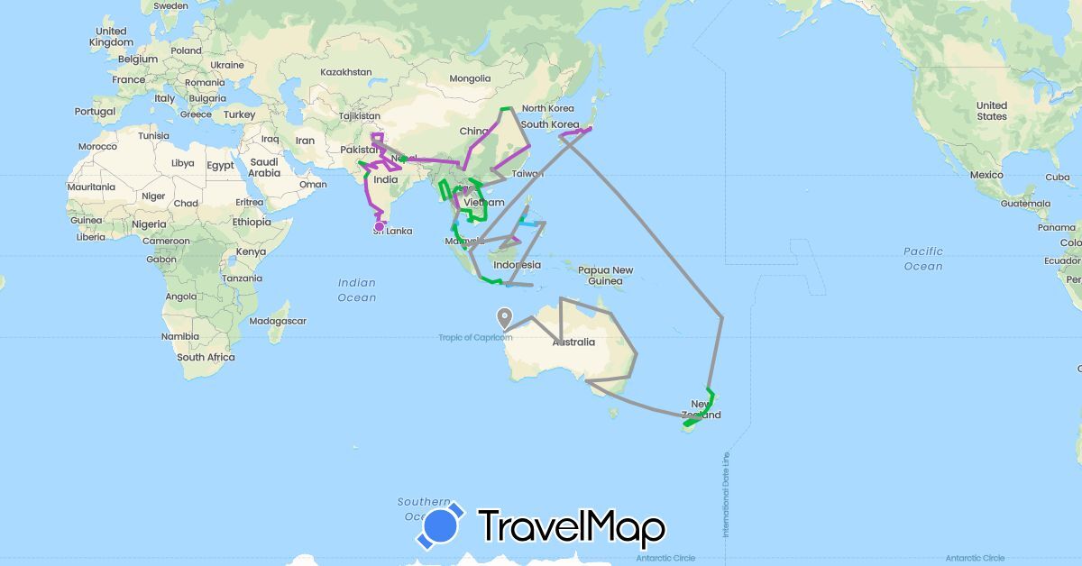 TravelMap itinerary: driving, bus, plane, train, boat, motorbike in Australia, China, Fiji, Indonesia, India, Japan, Cambodia, Laos, Myanmar (Burma), Malaysia, Nepal, New Zealand, Philippines, Singapore, Thailand, Vietnam (Asia, Oceania)